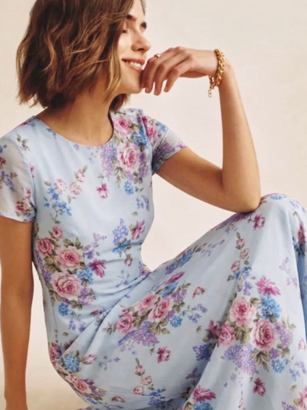 Vintage Mary McFadden Size 6 Blue Floral Midi Bias Cut Dress 1990’s